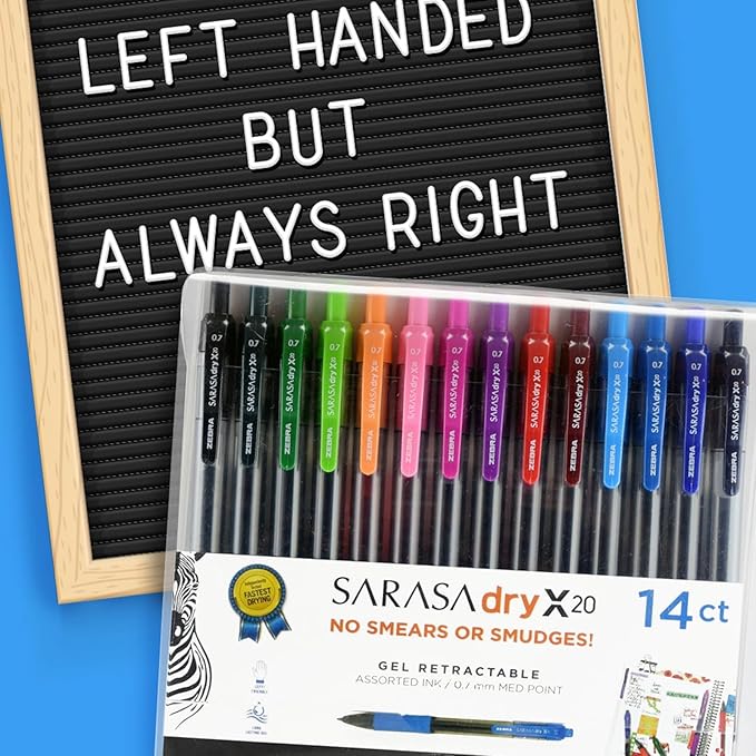 Zebra Pen Sarasa Dry X20 Retractable Gel Pens, 0.7mm Medium Point, Assorted Ink Colors with Rapid Dry Ink Technology, Ideal for Office Supplies and School Supplies, 14-Pack (46824)