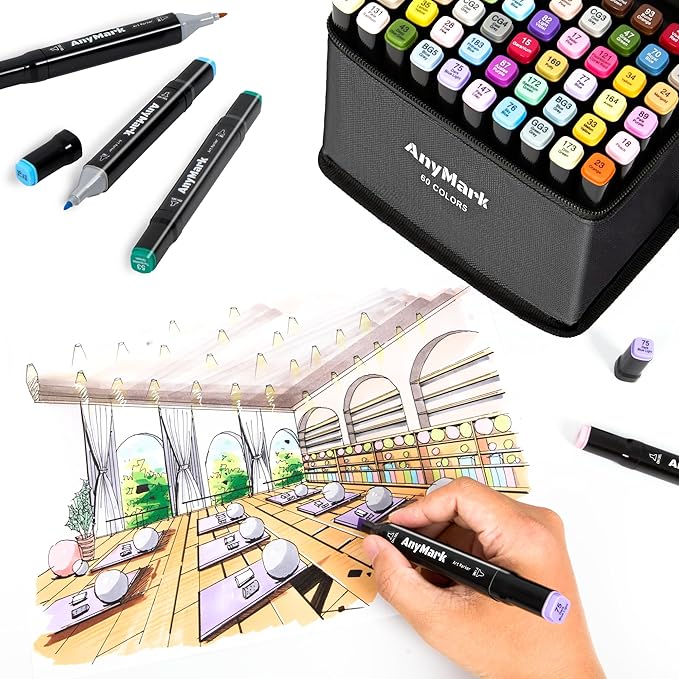 AnyMark Alcohol Markers, 60 Colors Dual Tip Art Coloring Markers Set for Kids Adult Book Drawing Sketching Painting, Chisel & Fine, Black Penholder
