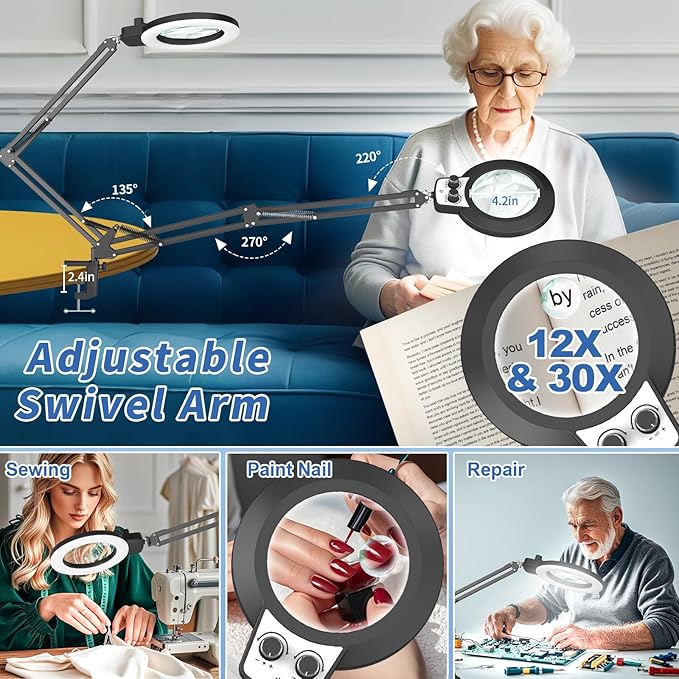 12X & 30X Magnifying Glass with Light, New Upgrade Infinite Color and Brightness Desk Lamp & Clamp, 2-in-1 LED Lighted Magnifier Stand for Craft Reading Hobby Soldering Puzzle Close Work- Black