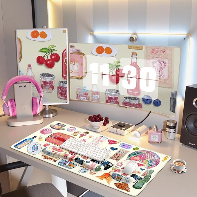 iCasso Desk Pad Mat, Large Mouse Pad and Keyboard Wrist Rest Set, Desk Protector Mat,4in1 Ergonomic Carpal Tunnel Keyboard Pad with Wrist Support for Desktop Home Office Computer (Watercolor Stickers)