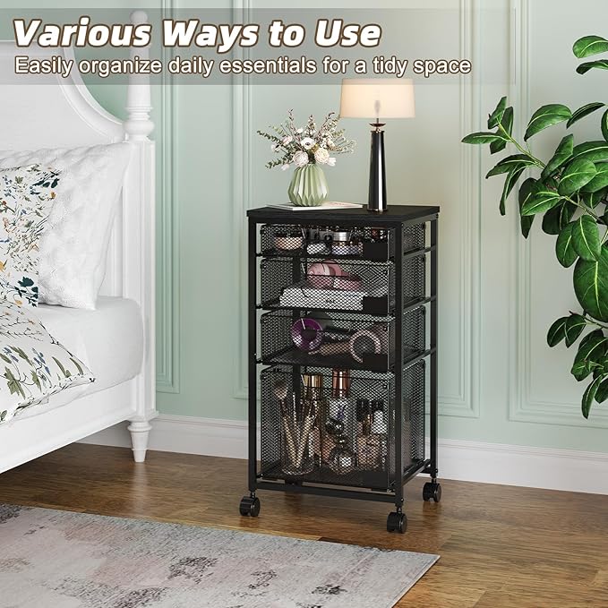 Rolling File Cart with 4 Storage Drawers, Filing Cabinet for Home Office, Hanging File Folder Organizer with Wheels Under Desk, Utility Craft Cart Printer Stand, Black, Patent Pending