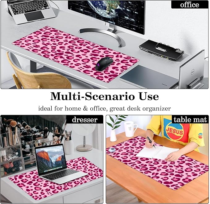Pink Leopard Desk Pad Protector, Stitched Edges Mouse Pad, Large Office Desk Mat, Non-Slip Desk Blotter, Laptop Desk Pad, Desk Writing Pad for Office and Home (31.5" x 15.7 ")