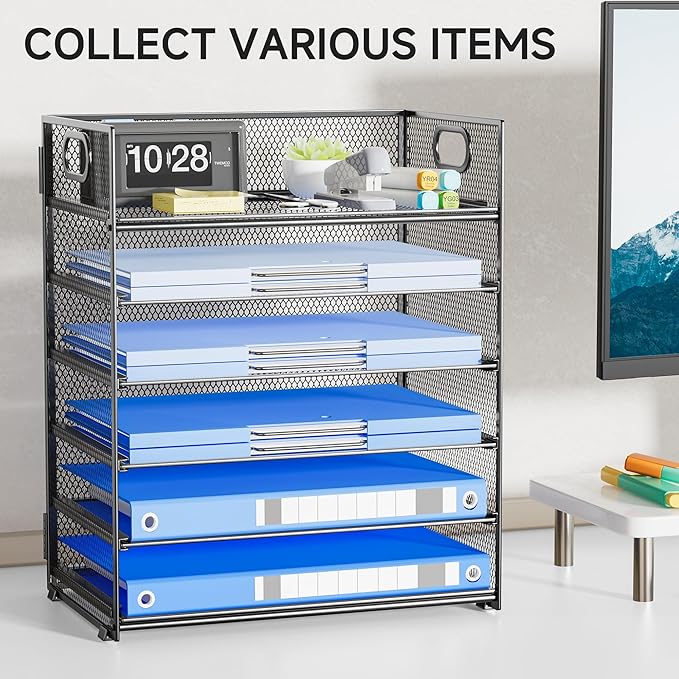 Paper Organizer for Desk File Organizer with Handle Mesh 6 Tier Letter Tray Paper Sorter Desk Organizer for Office Home Supplies-Grey