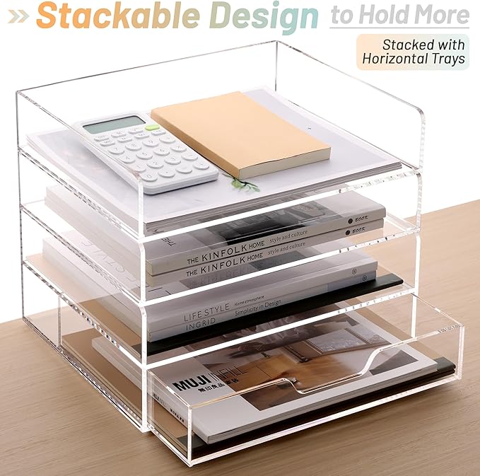 SANRUI 2-Tier Paper Letter Tray Organizer with Sliding Drawer,Stackable Desk Organizer,Acrylic Paper Tray for Office,Home or School,Clear