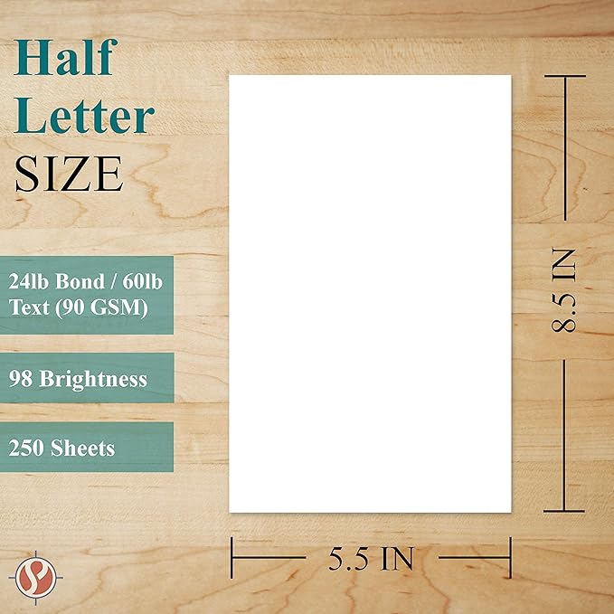 Half Letter Size Sheets - 8.5 x 5.5 Inches Copy Paper, White Memo Sheets, 24lb Thick Paper, 250 Sheets Per Pack (8.5 x 5.5)