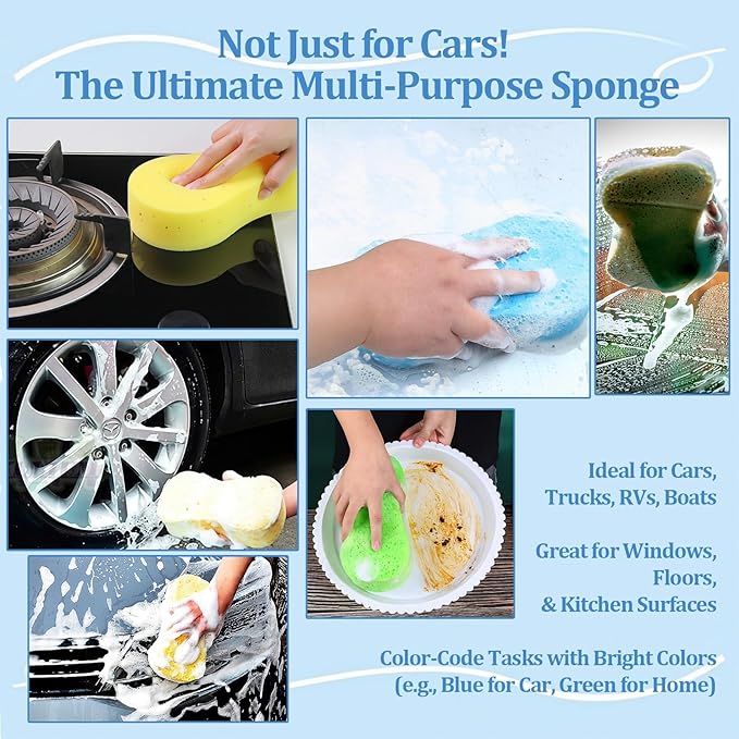 10 Pack Large Car Wash Sponges Non-Scratch Sponges for Auto, Truck, RV, Boat Cleaning Thick Foam for Kitchen, Bathroom, Household (Large & Standard)