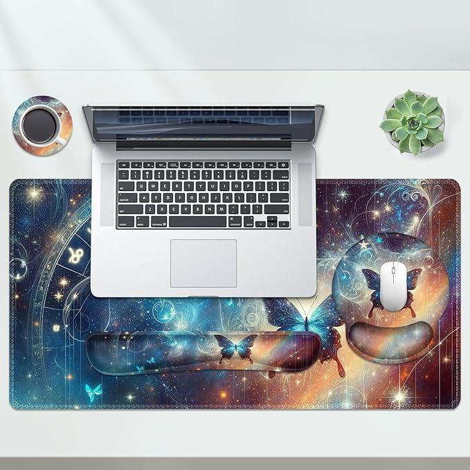 AIMSA Keyboard Mouse Pad Wrist Rest Set, Large Gaming Mouse Desk Pad with Wrist Support Ergonomic Design, 4 in 1 Mousepad for Home Office, Starry Sky Butterfly