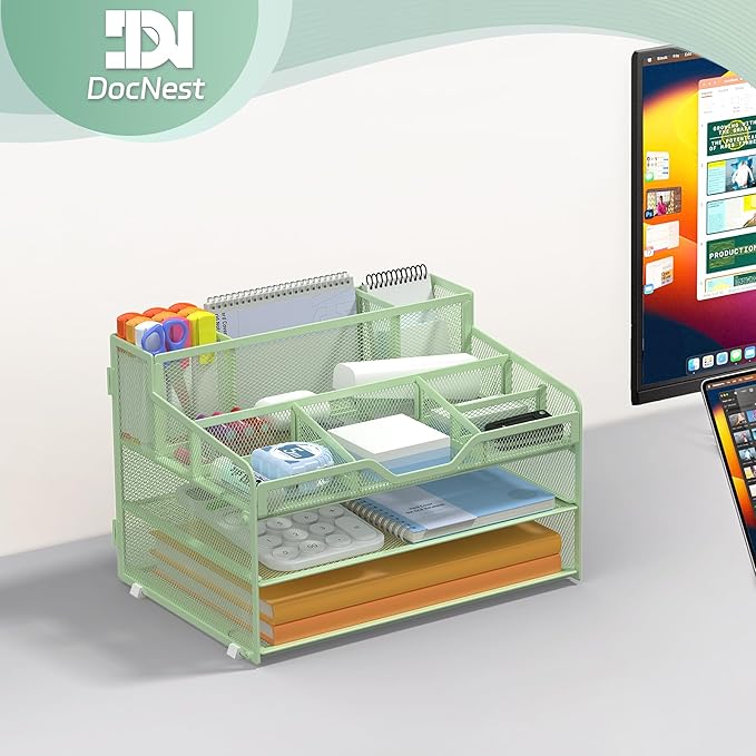 Docnest 3 Tier Mesh Desk Organizer for Paper Office Supplies – Multi-Functional Letter Tray with 5 Adjustable Compartments, 3 Pen Holders, Desktop Storage for Files, Mail, Stationery – Green