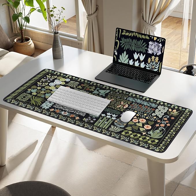 HAOCOO Black XXL Mouse Pad, Floral Desk Mat for Keyboard and Mouse, Vintage Keyboard Mat with Non-Slip Rubber Base, Water-Resistant Desk Pad Mat with Stitched Edges for Office