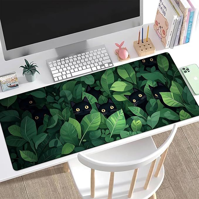 Desk Pad, Cute Anime Cats in Green Leaves XXL Gaming Mouse Pad with Stitched Edges,Non-Slip Waterproof Rubber Base Large Desk Mat for Keyboard and Mouse 35.4"x15.7"