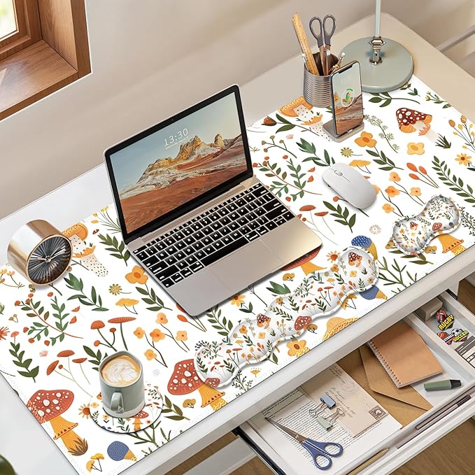 Desk Mat Gaming Mouse Pad, Cute Desk Matt Keyboard Wrist Rest for Desktop, Anti-Slip Mousepad w/Stitched Edges, XXL Large Mouse Pad with Wrist Support for Desk Computer I Mushroom Plant Leave