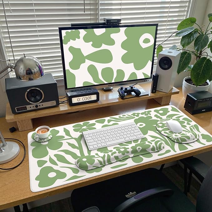 iCasso Desk Cover Mat, 4in1 Floral Large Mouse Pad with Wrist Rest, Desk Matt for Desktop, Anti-Slip XXL Big Computer Ergonomic Mousepad with Wrist Support for Keyboard and Mouse (Green)