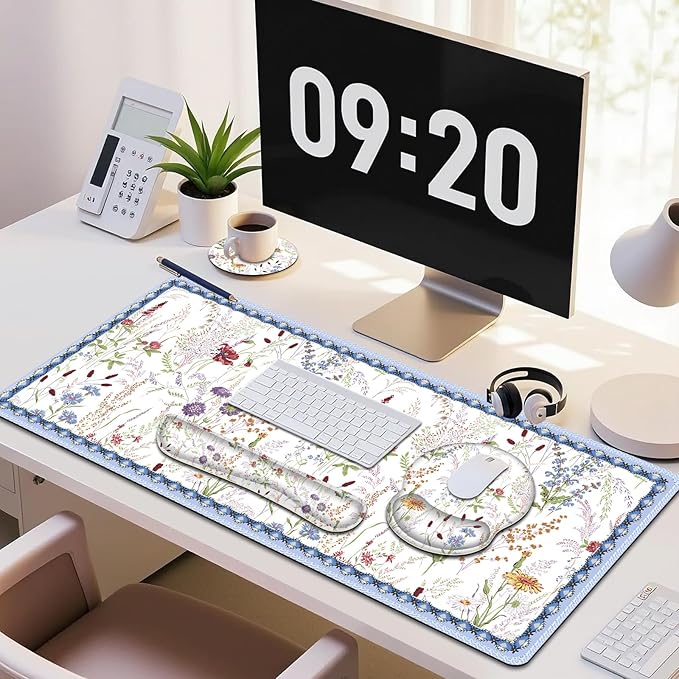 Floral Desk Mat, 4in1 Large Mouse Pad with Wrist Rest, Cute Desk Matt for Desktop, Desk Pad Mat, Anti-Slip XXL Computer Ergonomic Mousepad with Wrist Support for Keyboard and Mouse I Colorful Weeds