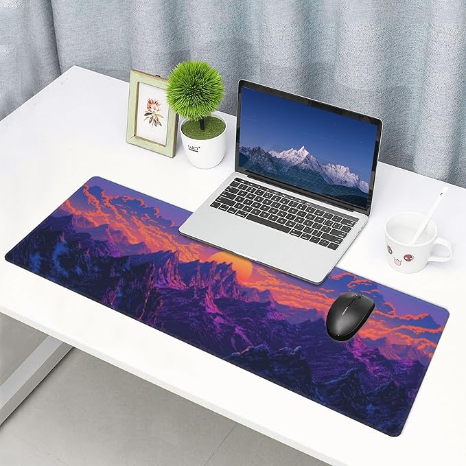 Purple Mountains Sunset Large Mouse Pad, Gaming Desk Mat, XL Keyboard Desk Pad Mat for Desktop, 31.5"x11.8" Non-Slip Base Big Mousepad with Stitched Edges