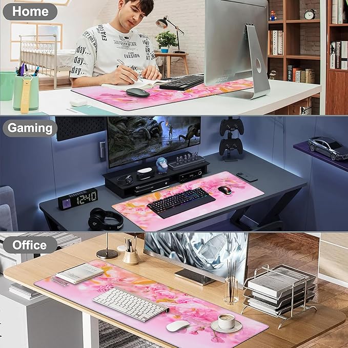 Mouse Pad, Large Pink Sakura and Butterfly Desk Mat, Extended Non-Slip Gaming Keyboard Mousepad Desk Pad, Thick Stitched Edges Waterproof Mouse Mat 31.5"x15.7" (Blossoming Cherry Flowers)