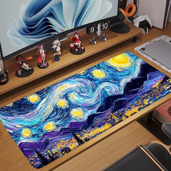 Vincent Van Gogh Starry Night Inspired Mouse Pad – Thicker 31.5" x 11.8" Extended Desk Mat with Dreamy Galaxy and Village Nightscape, Non-Slip Base & Smooth Surface for Office & Gaming