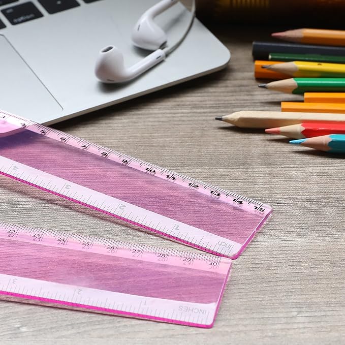 eBoot Plastic Ruler Straight Ruler Plastic Measuring Tool 12 Inches and 6 Inches, 2 Pieces (Pink Purple)