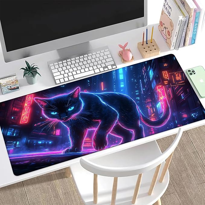 Desk Pad, Neon Cat Prowling Cyberpunk Cityscape XL Gaming Mouse Pad with Stitched Edges,Non-Slip Waterproof Rubber Base Large Desk Mat for Keyboard and Mouse 31.5"x11.8"