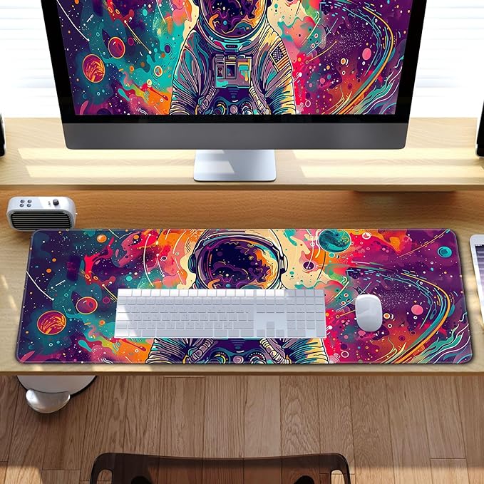 Desk Mat Colorful Space Desk Accessories Astronaut Extended Gaming Mouse Desk Pad Decorations for Office Keyboard Mousepad Mat31.5x11.8in, Stitched Edge Non-Slip Bottom Large Mouse Pad