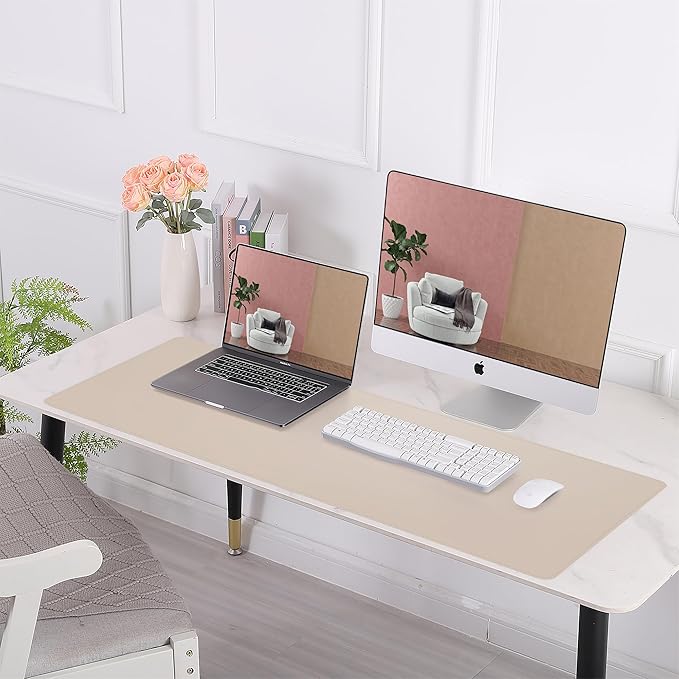 AFIING Leather Desk pad Protector, Large Non-Slip Office Desk Mat with Natural Cork & PU Leather, Waterproof Writing Mouse Pad for Office and Home (47in*23in, Beige)