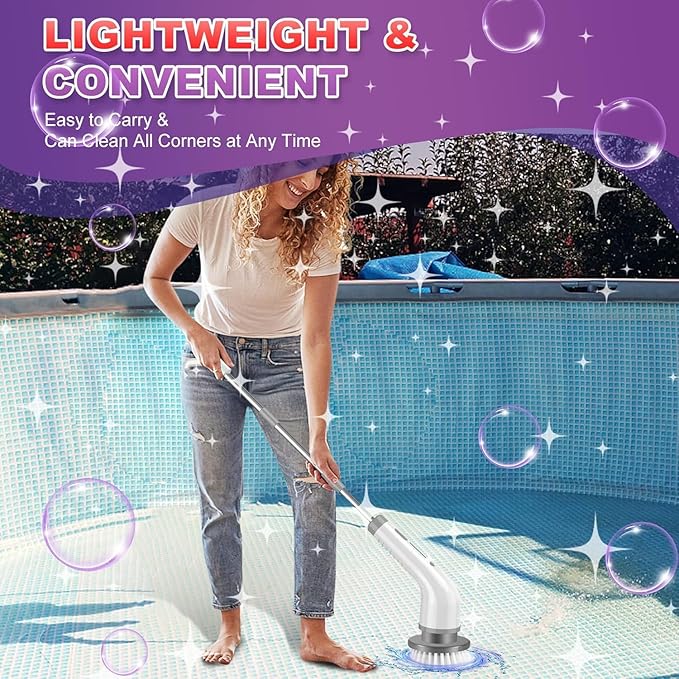 Electric Spin Scrubber, 7 Replaceable Brush Heads, 1.5H Bathroom Scrubber Dual Speed & Adjustable Extension Arm, Cordless Household Cleaning Brush for Bathroom Tub Tile Floor