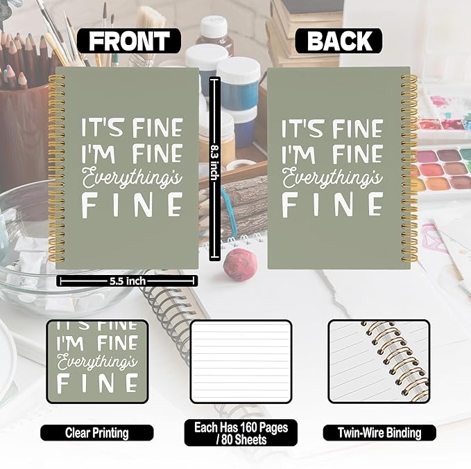 XPH Funny Green Spiral Notebook, It's Fine I'm Everything Is Fine Journaling Notebooks for Women Men, Humorous Hardcover Journals for Office 160 Pages 5.5 x 8.3 Inch, Sarcastic Gifts for Coworkers