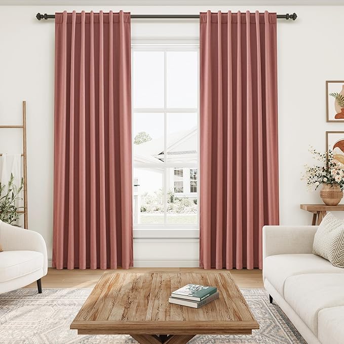 100% Blackout Linen Curtains 108 Inch Length 2 Panels Canyon Rose Drapes Loop Pocket Rod Pocket Flax Linen Drapes Thermal Insulated Total Blocking Curtains for Dining Room High Ceiling 52X108