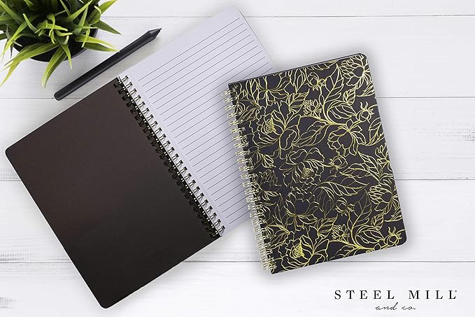 Steel Mill & Co Cute Black Mini Spiral Notebook, 8.25" x 6.25" Journal with Durable Hardcover and 160 Lined Pages, Linear Gold Floral