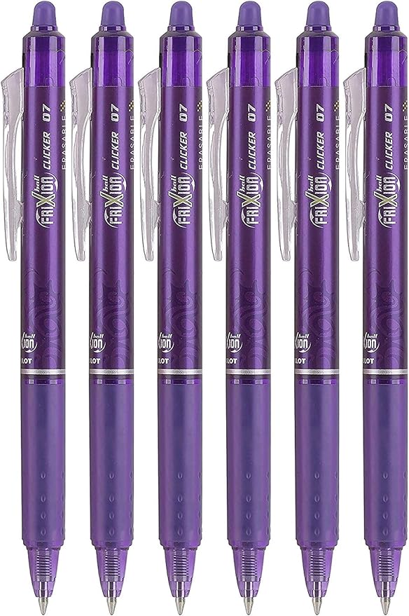 Pilot FriXion Clicker 0.7mm, Erasable Gel Pens, Fine Point, Purple Ink, Pack Of 6