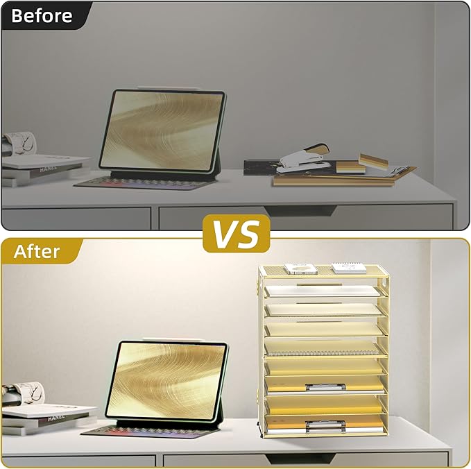 DALTACK 9-Tier Paper Letter Tray Desk Organizer with Handles, Mesh File Holder Organization, File Organizer for Desk Paper Sorter for Office Home School, Gold