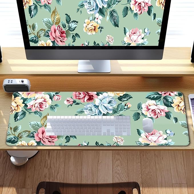 XL Mouse Pad Gaming Kawaii Cute Retro Rose Floral Extra Large Mousepad (31.5x11.8 in), Desk Mat Pad Home Office Decor Mouse Pad Stitched Edges Smooth Surface Non-Slip Bottom Mat