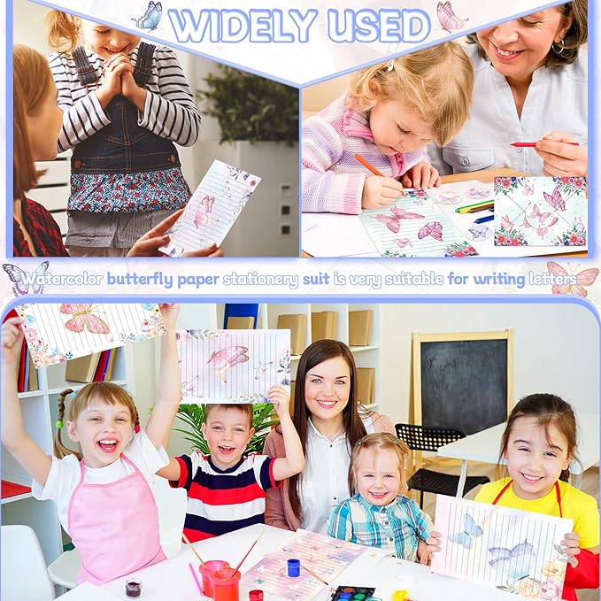 TaoBary 160 Pcs Stationery Paper Set 50 Double Sided Stationery Papers with 50 Matching Envelopes and 60 Round Dot Sticker, 10 Design(Watercolor Butterfly,8.5 x 11 Inch)
