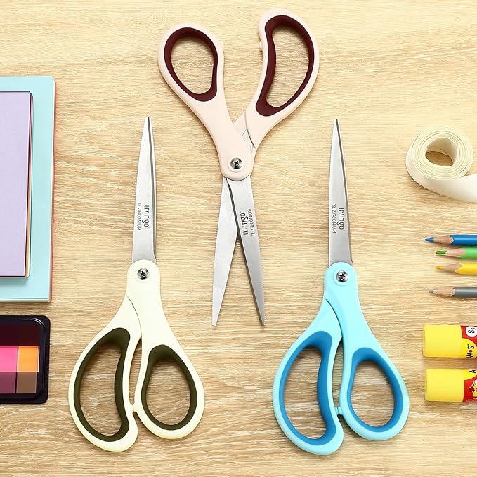 LIVINGO 3 Pack 8" Sharp Scissors All Purpose - Titanium Coated Stainless Steel Blades for Office, School & Home Crafting Cutting Fabric, Paper - Sky Blue & Dusty Pink & Beige