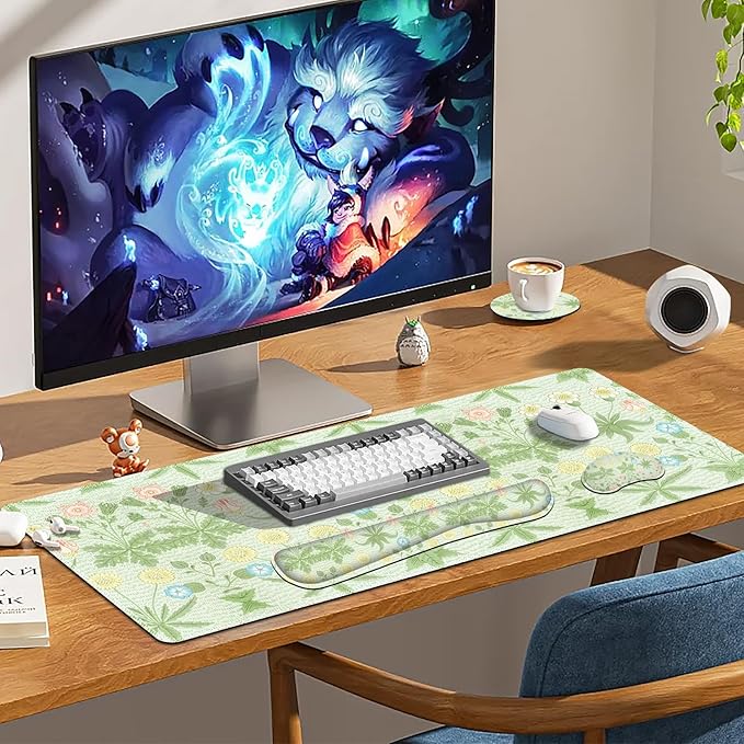 Large Mouse Pad and Keyboard Wrist Rest, Extended Mouse Pad with Wrist Support, Non-Slip Desk Mat, Desk Blotter Protector Pad for Home Office, Green Flowers Plants