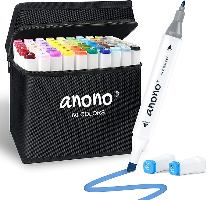 anono 60 Colors Alcohol Markers Set, Coloring Markers with Chisel and Fine Tips, Includes Carrying Case, Suitable for Book Painting and Coloring, White Barrel