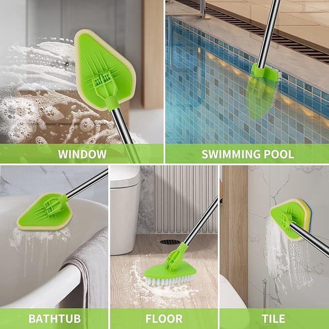 Scrub Cleaning Brush with Long Handle 35'' - Extendable Floor Scrubber with 1 Stiff Bristles & 3 Sponge Brush, Adjustable Lightweigh Detachable Kitchen Brush for Baseboard Shower Bathroom Bathtub Tile