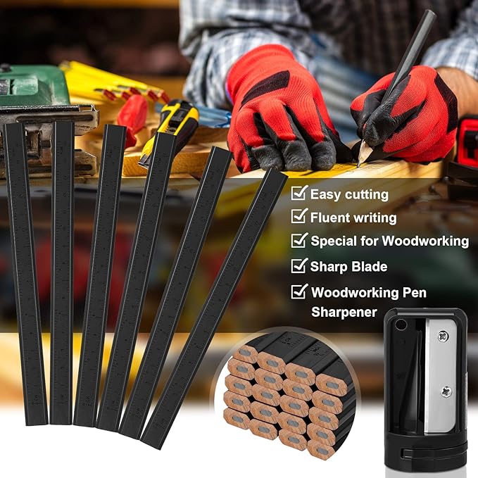 Honoson 200 Pcs Flat Construction Pencils with Printed Ruler Wood Graphite 2 Pcs Carpenter Pencil Sharpener for Woodworking Marking Tool(Black)