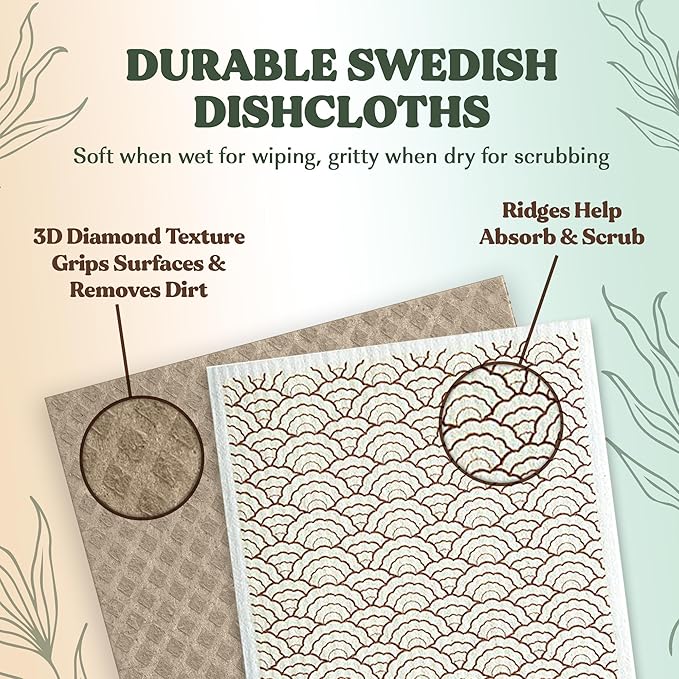 FEBU Swedish Dishcloths for Kitchen | 5 Pack Stamps Reusable Paper Towels Washable | Swedish Dish Towels | Non-Scratch Cellulose Sponge Cloths | No Odor, Biodegradable Cleaning Cloths