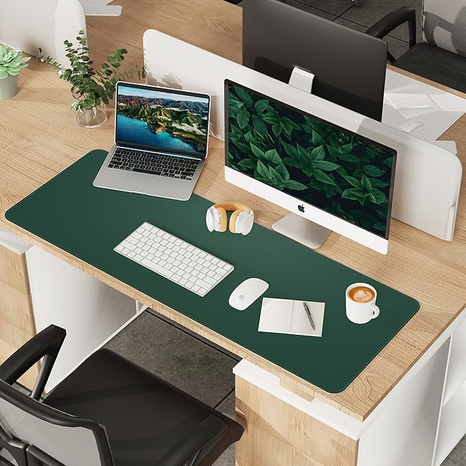 AFIING Leather Desk pad Protector, Large Non-Slip Office Desk Mat with Natural Cork & PU Leather, Waterproof Writing Mouse Pad for Office and Home (55in*17in,Dark Green)