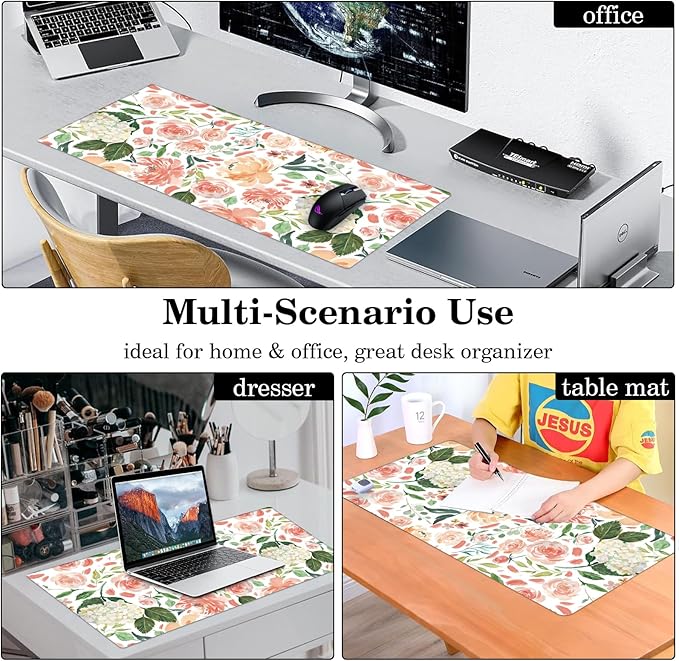 Peony Flower Desk Pad Protector, Stitched Edges Mouse Pad, Large Office Desk Mat, Non-Slip Desk Blotter, Laptop Desk Pad, Floral Desk Writing Pad for Office and Home (31.5" x 15.7")