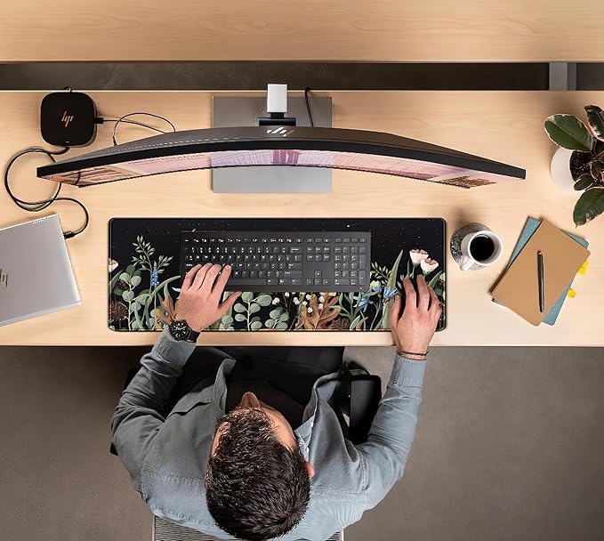 Cute Gaming Black Wild Flowers Desk Mat Mouse Pad Star Moon Floral Mousepad Large, XL Big Computer Keyboard and Mouse Mat Desk Pad Mat with Stitched Edge for Women Office Decor Deskmat 31.5x11.8 in