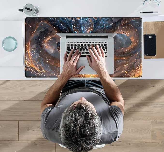 Cute Anime Dragon Desk Mat Kawaii Mouse Pad Gaming XXL Large Extended Desk Matt for Desktop with Stitched Edges, Laptop Computer Keyboard Mouse Mat for Women Office Decor Accessories 31.5''x15.7''