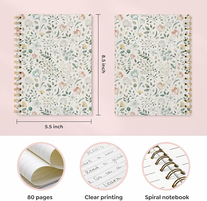 Vintage Pastel Floral Journal Notebooks, Sage Green and Pink Flower College Ruled Notebooks for Note Taking, Wildflower Floral Botanical Journal Journaling, Spiral Notebook 5.5x8.3