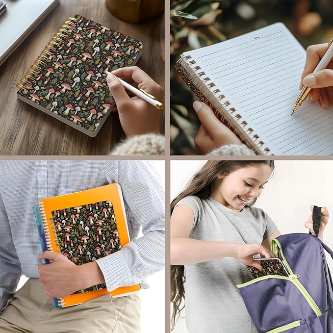 Cute Spiral Notebook journal A5 Aesthetic Pretty Floral Design for Women Girls Kawaii with Pocket, 8.5 x 5.7 inch, Mushroom