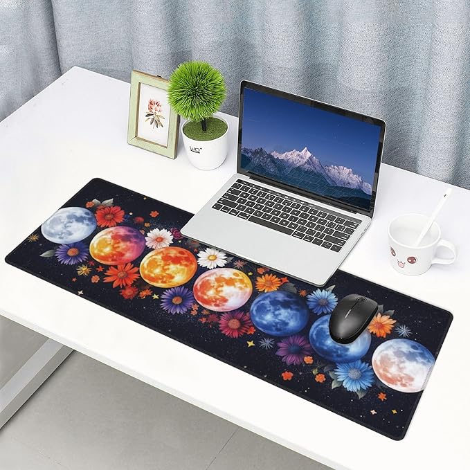 Colorful Moon Phases Large Mouse Pad, Watercolor Flowers Gaming Desk Mat, XL Keyboard Desk Pad Mat for Desktop, 31.5"x11.8" Non-Slip Base Big Mousepad with Stitched Edges