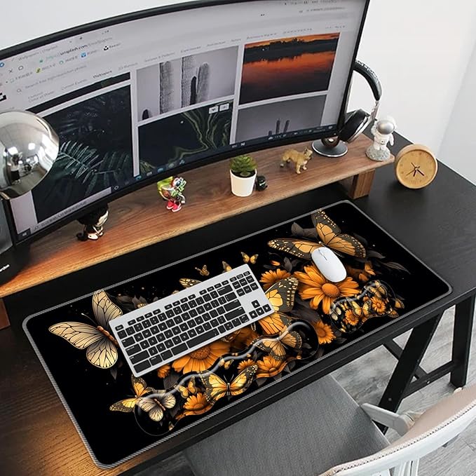 Keyboard Mouse Pad Set,Large Mouse Pad+Keyboard Wrist Rest+Wrist Support+Coaster,31.5x11.8in Extended Desk Mat for Computer Laptop Office Home- Flower Butterfly