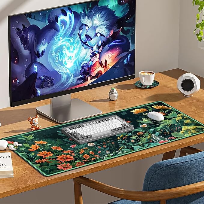 Desk Mat for Keyboard and Mouse, 4 in 1 Desk Pad, Ergonomic Mouse Pad Wrist Support, Keyboard Wrist Rest Set, Large Gaming Mouse Pad with Stitched Edges for Home Office, Green Daisy Leaves