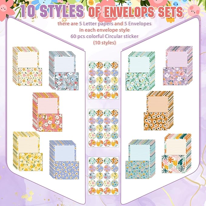 TaoBary 160 Pcs Stationery Paper Set 50 Double Sided Stationery Papers with 50 Matching Envelopes and 60 Round Dot Sticker, 10 Design(Kawaii,5.5 x 8.25 Inch)