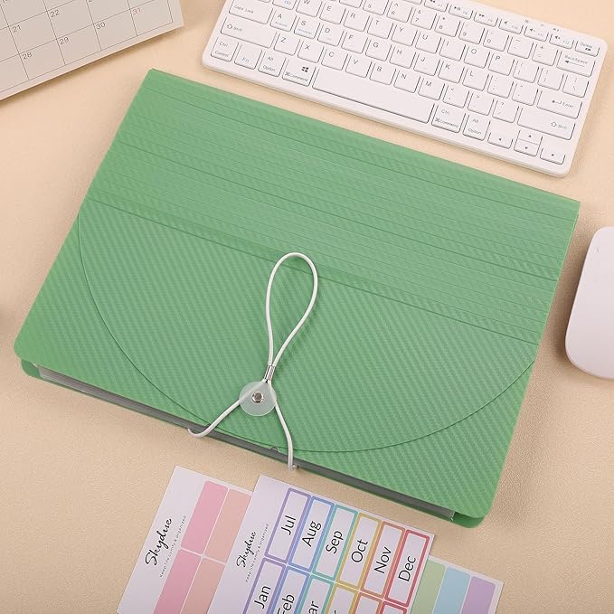 SKYDUE Accordion File Organizer, 13 Pocket Document Organizer, Expanding File Folder with Labels for Letter A4 Size, Office School Filing Use Green