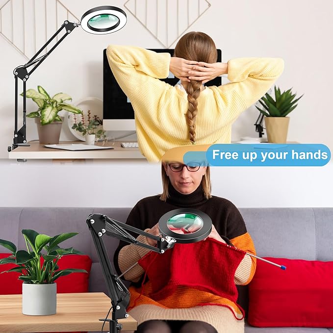 10X Magnifier Desk Lamp, 2-in-1 LED Magnifying Glass with Light and Clamp, Hands-Free Lighted Magnifier with 3 Color Modes for Craft Hobby Nail Repair Reading Close Works (Black, Clamp)